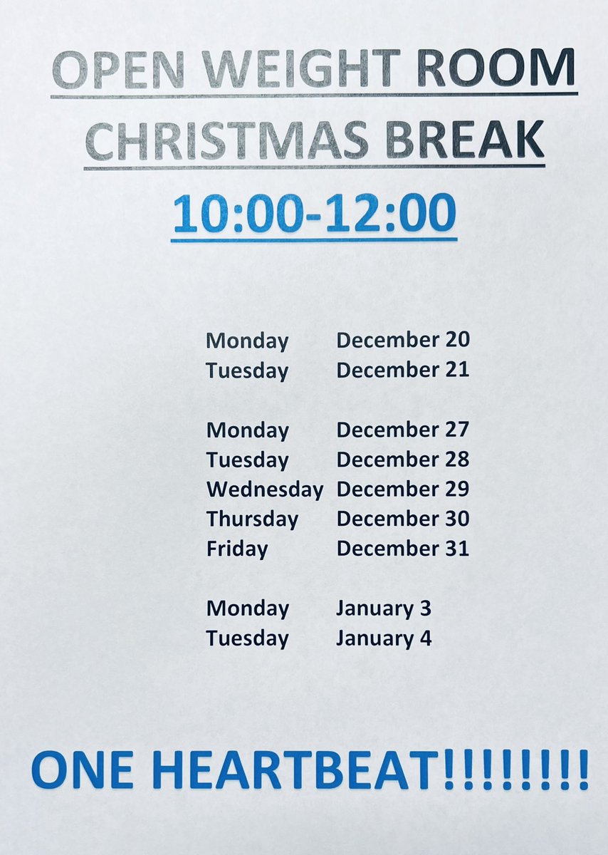 CoachGilpin's tweet photo. Open weight room days and hours for the Christmas Break are listed below. 

Reminder that CHAMPIONSHIPS ARE WON  WHILE THE BLEACHERS ARE EMPTY!!!!!
#TraditionDoesNotGraduate https://t.co/qFicpn0DGM