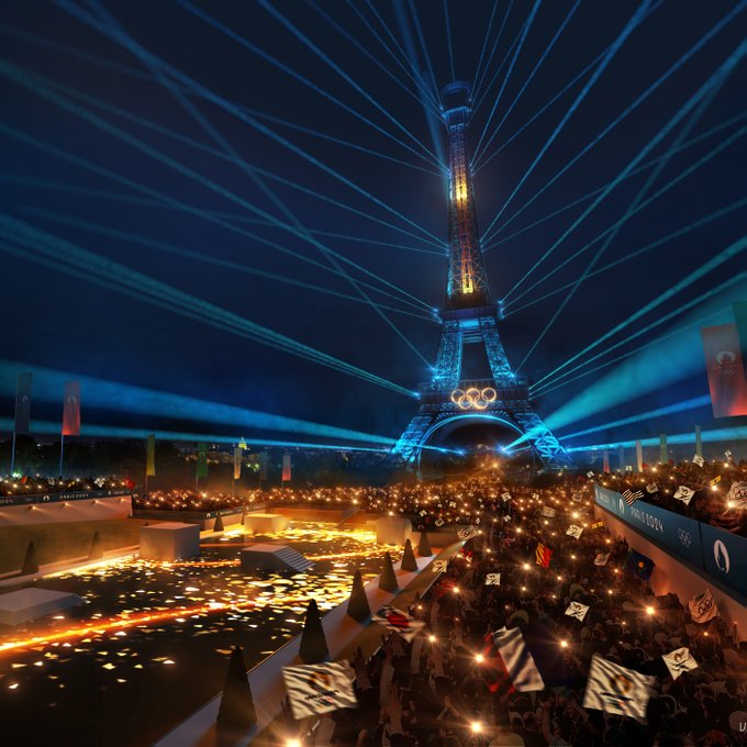 Photo du projet de la cérémonie d'ouverture des Jeux Olympiques de Paris 2024. Les délégations navigueraient sur la Seine et le public serait sur les berges.