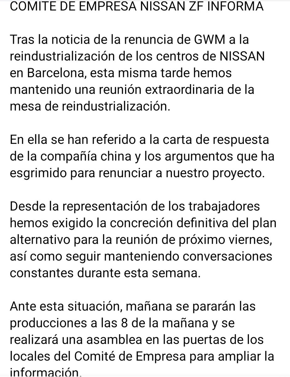 ccooebro's tweet image. Mañana pararemos la producción a las 8h para realizar una asamblea y dar más información ante la noticia recibida hoy por parte de la Mesa de #Reindustrialización de #Nissan, donde nos han notificado la renuncia de GWM a la posibilidad de reindustrializar la planta de Zona Franca