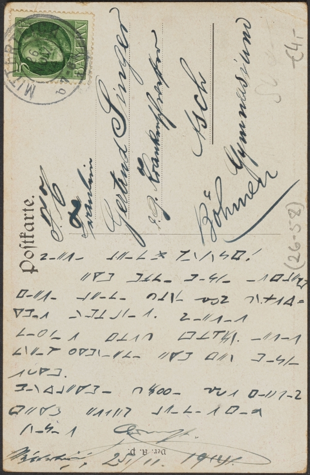 DirektorHAAB's tweet photo. In der #Postkartensammlung von Georg Jäger haben wir rätselhafte Schriftzeichen gefunden. Offenbar handelt es sich um #Geheimbotschaften, die eine unserer Kolleginnen gerade entschlüsselt.
Hier sehen Sie ein Beispiel und dürfen selbst rätseln.
Die Auflösung gibt es am Freitag. https://t.co/Ivy1W5G5Tu