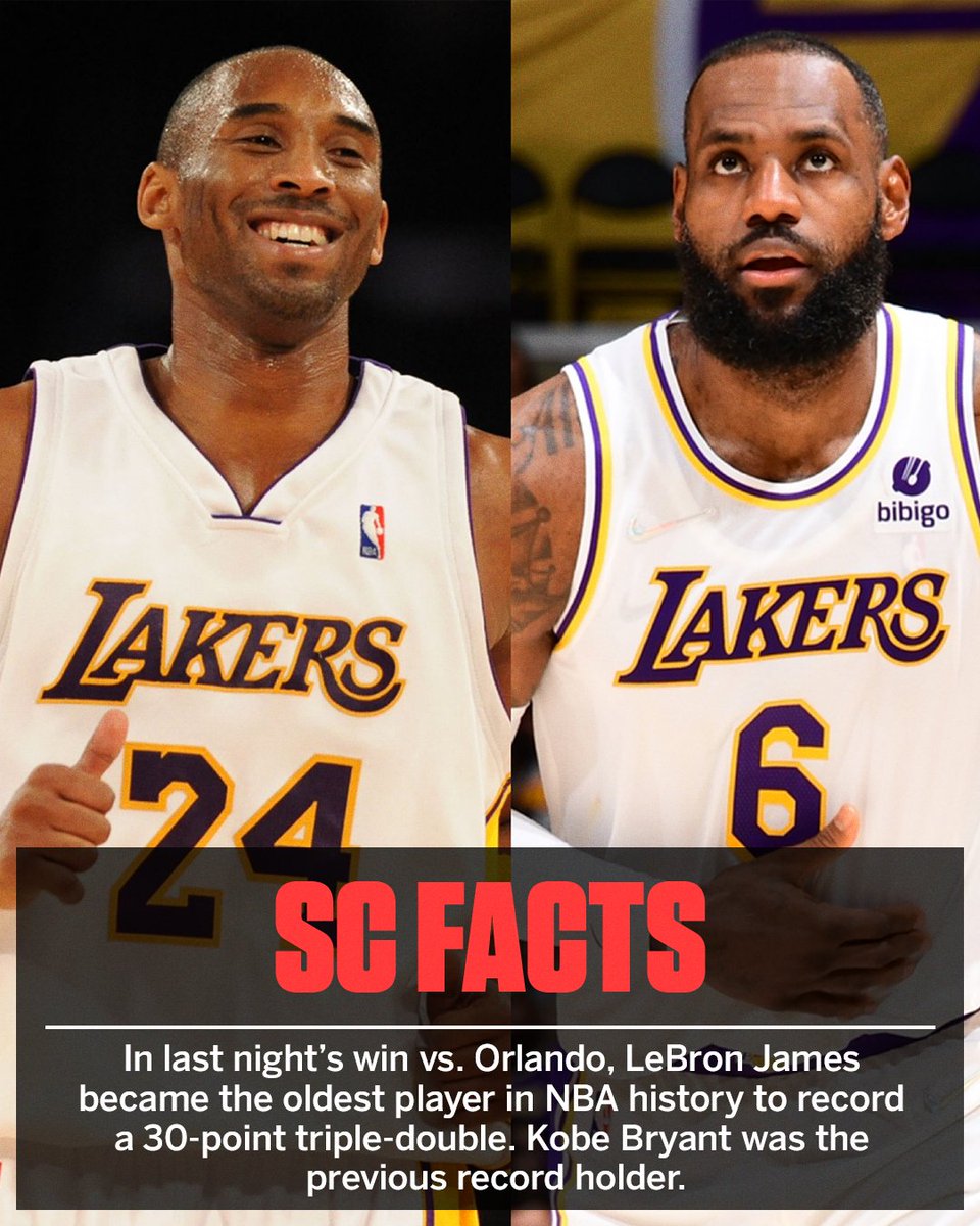 LeBron surpassed Kobe as the oldest player to ever record a 30-point triple-double 💜 #SCFacts