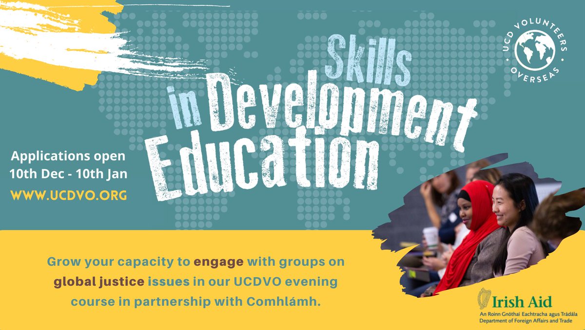 UCDCommunity's tweet photo. Applications for UCDVO's Skills in Development Education course are now open. 

This participatory 7-week evening course aims to grow participants skills for working effectively with groups on global development and social justice issues. 

Details here 👉 https://t.co/oRsNrGZPgy https://t.co/vuuftAAhoK