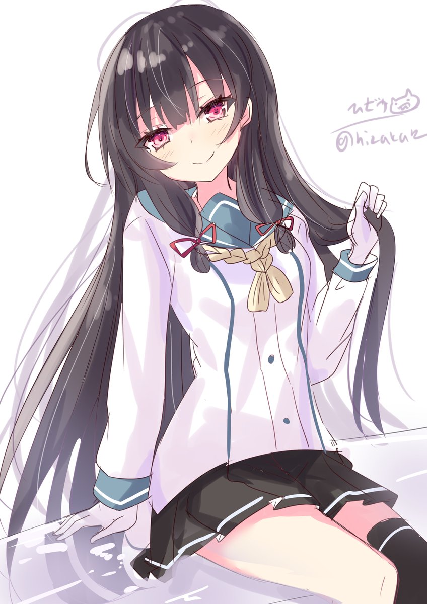 isokaze (kancolle) 1girl long hair solo black hair skirt gloves serafuku  illustration images