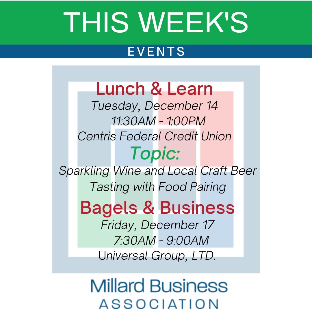 millardbiz's tweet photo. What's happening in the MBA this week? A fun wine and beer tasting and food pairing and a Friday morning Bagels & Business! We hope to see you all there! #thisweeksevents #winetasting #beersampling #lunchandlearn #bagelsandbusiness #MillardBiz https://t.co/R5FhHDeF4m