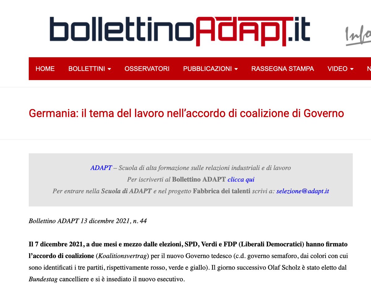 Nel #BollettinoADAPT di oggi illustro gli interventi sul LAVORO nell'ACCORDO DI COALIZIONE per il nuovo GOVERNO TEDESCO: una certa genericità di contenuti, tranne per obiettivo chiaro di aumento del salario minimo legale a 12€

#Germania #salariominimo
bollettinoadapt.it/germania-il-te…