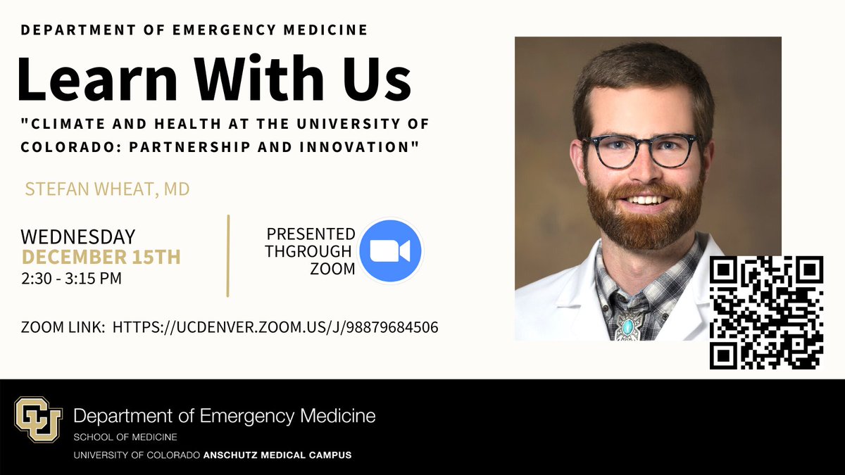 CU Department of Emergency Medicine (@cuemergency) on Twitter photo TODAY! Don't miss "Climate And Health At The University Of Colorado: Partnership and Innovation" with <a href="/StefanKaleWheat/">Stefan Wheat, MD</a>
Start Time: 2:30 PM
Zoom: ucdenver.zoom.us/j/98879684506
<a href="/CUClimateHealth/">CU Climate & Health</a> | <a href="/JayLemery/">Jay Lemery MD</a> | <a href="/vbebarta/">Vik Bebarta</a> TODAY! Don't miss "Climate And Health At The University Of Colorado: Partnership and Innovation" with <a href="/StefanKaleWheat/">Stefan Wheat, MD</a>
Start Time: 2:30 PM
Zoom: ucdenver.zoom.us/j/98879684506
<a href="/CUClimateHealth/">CU Climate & Health</a> | <a href="/JayLemery/">Jay Lemery MD</a> | <a href="/vbebarta/">Vik Bebarta</a>