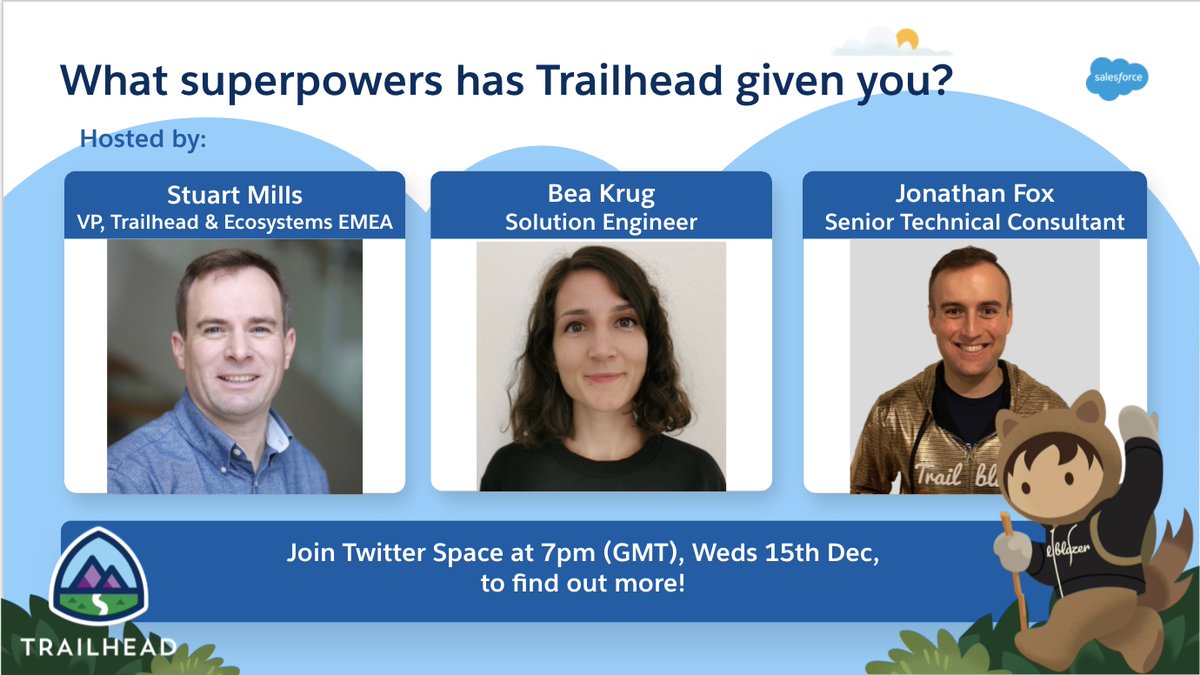 What superpowers has Trailhead given you? Drop your answers below and join our Twitter Space on Wednesday 15th December, 7pm (GMT) with hosts <a href="/PracticalActs/">StuartM</a>, <a href="/JFoxUK/">Jonathan Fox</a> and @beatekrug to hear more! 

x.com/i/spaces/1ypKd…