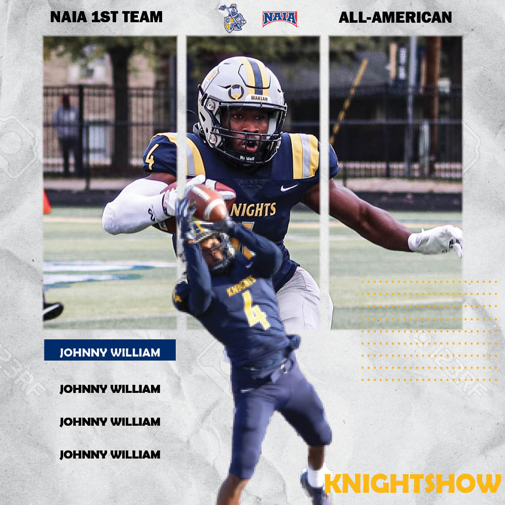 MUKnights's tweet photo. 🚨NAIA ALL-AMERICAN🚨

Congratulations to @MarianUFootball senior wide out Johnny William on earning NAIA All-American First Team honors!! 

The Marian senior ends his decorated career with his first All-American honor, leading Marian all-time in receiving touchdowns and yards! https://t.co/XTITWfeX5m