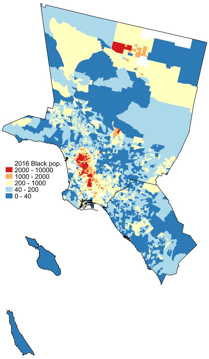 Finally, while city decline has gotten more attention lately, our paper is focused on the related trend of rapid Black suburbanization.  To see how large this movement has been, compare the distributions of Black population in LA census tracts in 1970 and 2018. 7/9