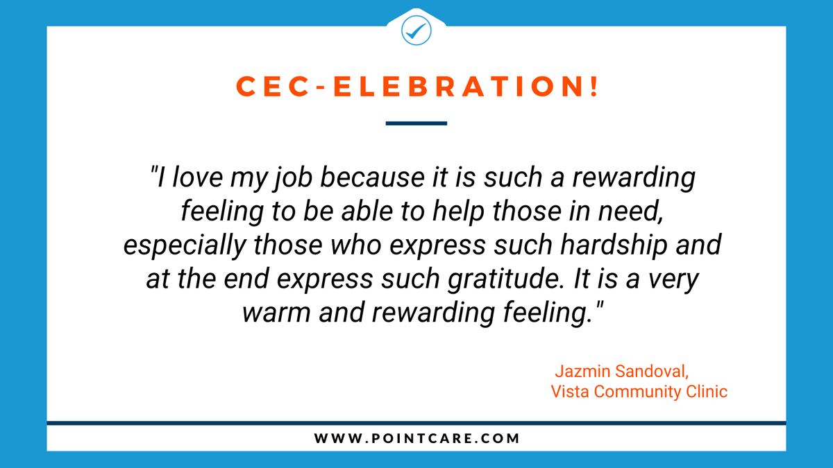 It's time to celebrate the amazing CECs who are doing great work for their clinic and community!

Today we will be highlighting Jazmin Sandoval from Vista Community Clinic and why she loves being a CEC.

#ValueCHCs #ValueCECs