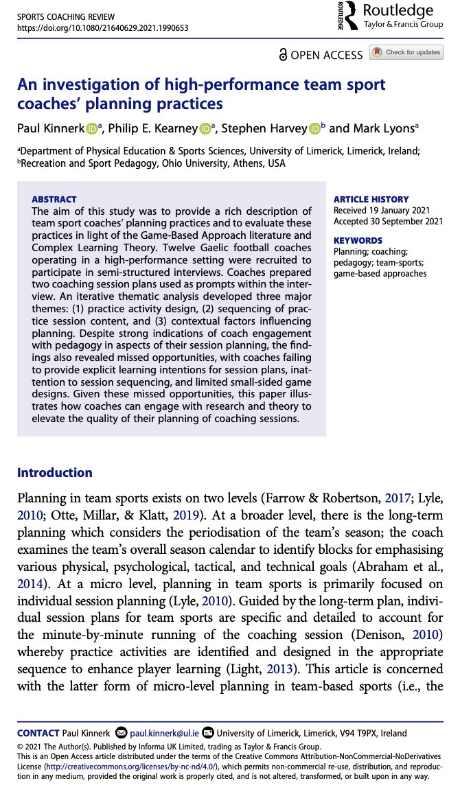 Our latest paper 'An investigation of high-performance team sport coaches’ planning practices' published in @SportsCoachingR is out now. Open access at the following link: tandfonline.com/doi/full/10.10…