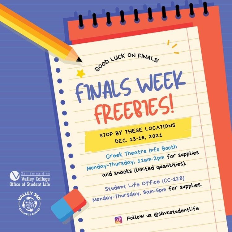 sbvalleycollege's tweet photo. It's Finals Week and the Office of Student Life is helping out by providing supplies and snacks all week! https://t.co/O1L8E4Qv7X