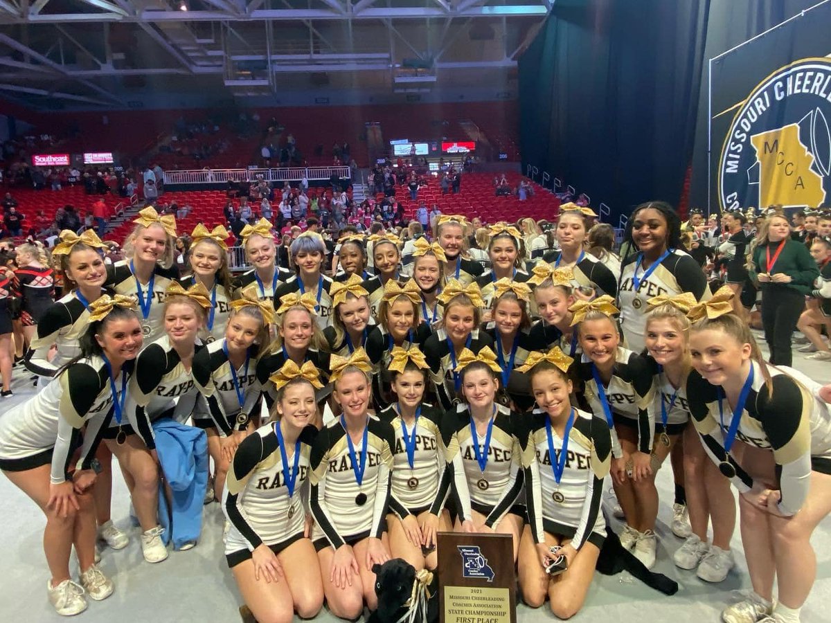 raypecschools's tweet photo. State Champions! The Ray-Pec Varsity AND Junior Varsity cheer squads placed 1st at the Missouri Cheerleading Coaches Association state championships! 3 cheerleaders received individual All-State Honors: Boston Dobrin, back; Olivia Friend, base; &amp; Elizabeth Greble, base. #raypec https://t.co/btVqYdfAv7