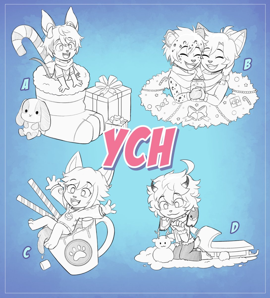 Keronichi0's tweet photo. I finally finished the last YCH of Christmas 💖
The slot: A, C and D are at $19 and B at $27
More Information:
https://t.co/PsR3ncy73P
.
.
.
#WIinter #YCH #furry #Christmas #commission https://t.co/vdBUNNoCDw