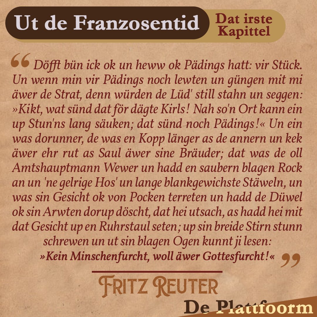 Fritz Reuter is an'n 7.11.1810 in Stavenhagen boren worrn. He is mit Klaus Groth een vun de bekennsten nedderdüütschen Schrieverslüüd un Begrünner vun de ne'e nds.e Litteratuur.
#platt #plattdüütsch #plattdeutsch #niederdeutsch #nedderdüütsch #neddersassisk #lowgerman #plattfoorm