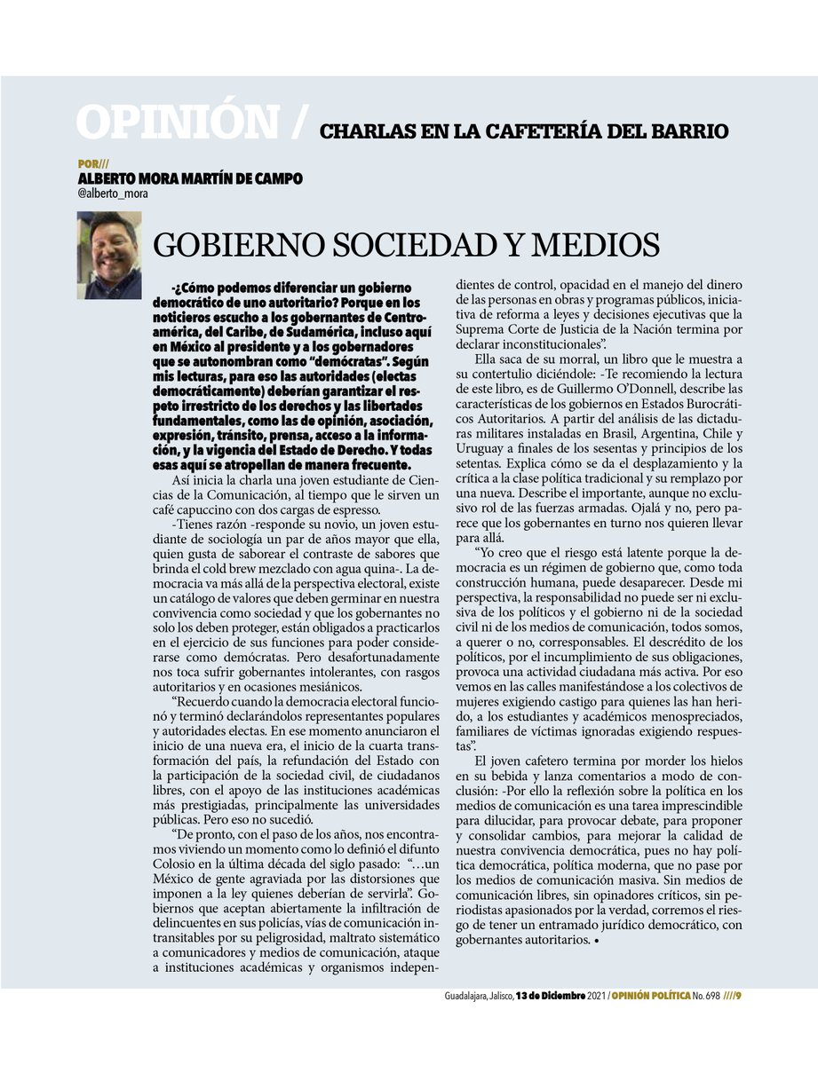 Charlas en la Cafetería del Barrio
Gobierno Sociedad y Medios
Por Alberto Mora
<a href="/alberto_mora/">Alberto Mora</a>