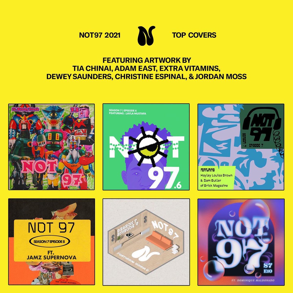 NOT97's tweet photo. A look back at all the amazing artists we’ve worked with this year on covers &amp; tracklists for NOT97. We appreciate all of you &amp; your art so much 🙏🙏🙏

Thank you @AdamEast  @extravitamins @DeweySaunders @chrispyy__ @__JINX &amp; @TiaChinai 

Let us know what your favorite cover! https://t.co/o2KvwlaWdc