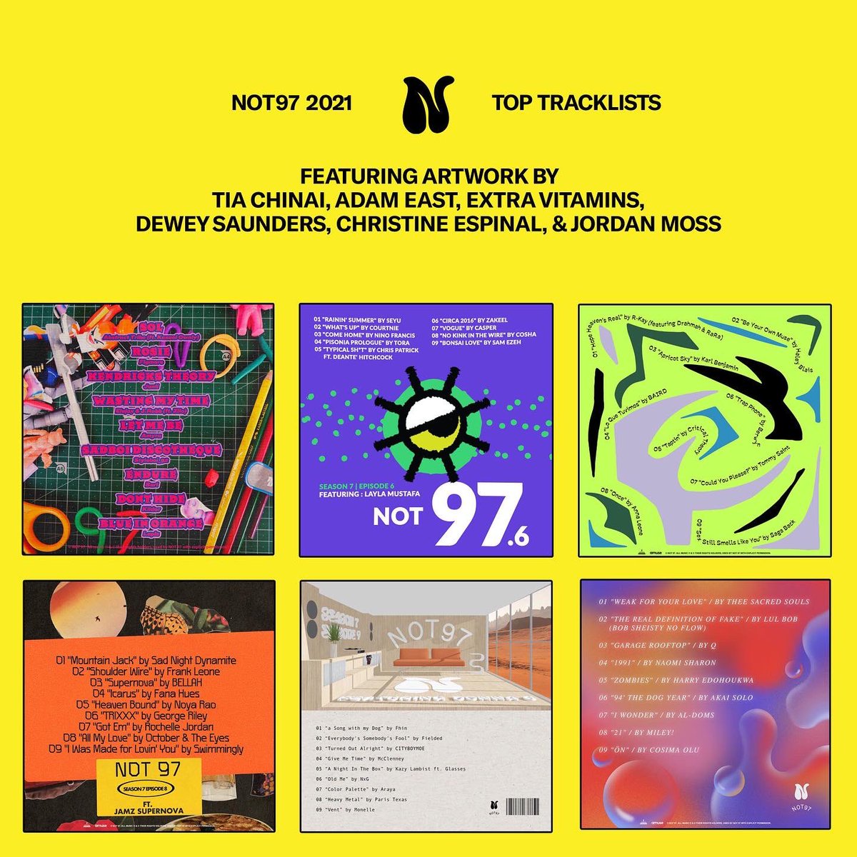 A look back at all the amazing artists we’ve worked with this year on covers &amp; tracklists for NOT97. We appreciate all of you &amp; your art so much 🙏🙏🙏

Thank you <a href="/AdamEast/">Adam East</a>  <a href="/extravitamins/">Extra Vitamins</a> <a href="/DeweySaunders/">Dewey Bryan</a> <a href="/chrispyy__/">chrispy</a> <a href="/__JINX/">bitch i might be</a> &amp; <a href="/TiaChinai/">Tia Chinai</a> 

Let us know what your favorite cover!