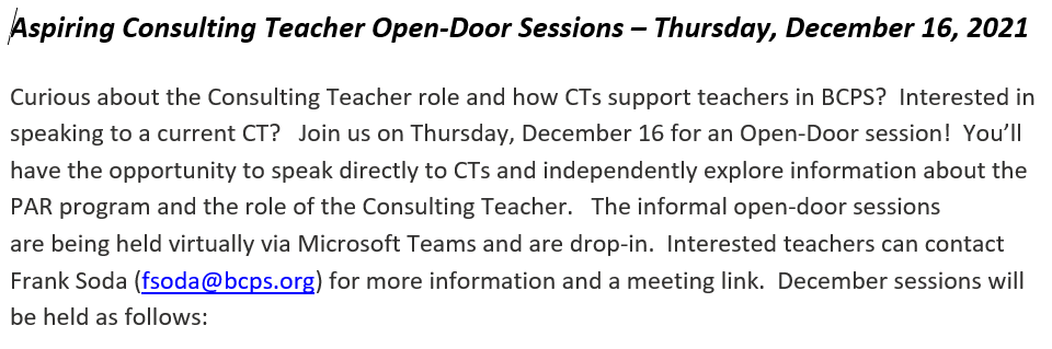 bcps_par's tweet photo. Curious about the Consulting Teacher role &amp; how CTs support teachers in BCPS?  Interested in speaking to a current CT? Join us on Thurs., Dec. 16 for an Open-Door session!  Sessions are 4-5pm or 5-6pm virtually.  Hope to see you at this informal open-door session! @BaltCoPS https://t.co/LyUEQF13YR