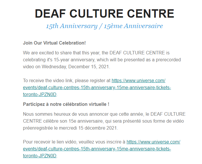 ASLinterpretIC's tweet image. The Deaf Culture Centre is celebrating their 15-year Anniversary!

Join this pre-recorded virtual event on Wednesday, December 15th, 2021. 

Register here: universe.com/events/deaf-cu…

Congrats!