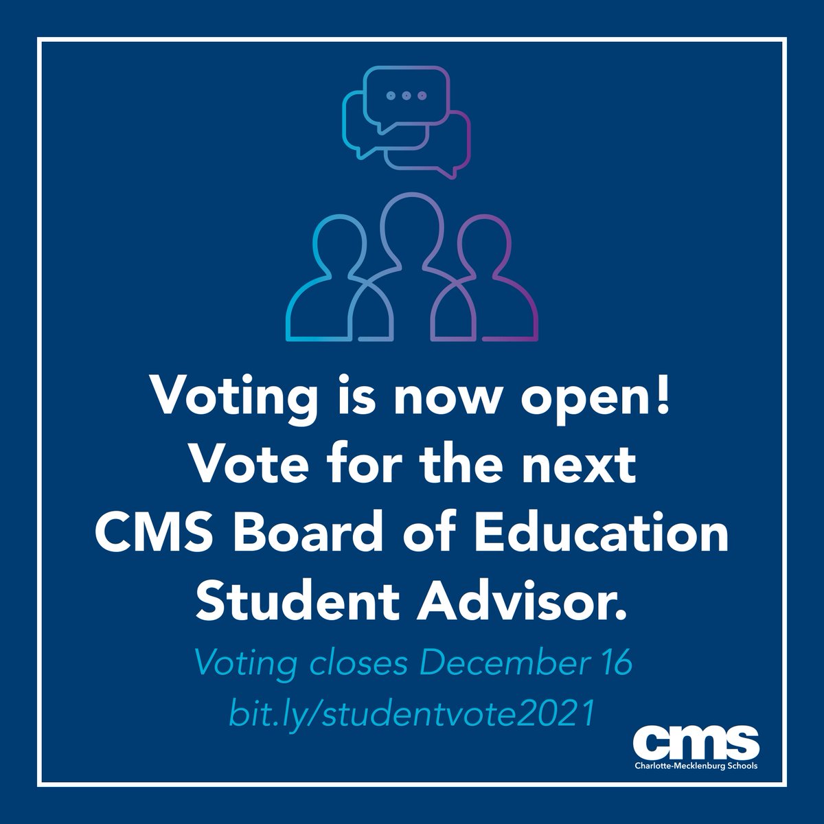 ATTENTION HIGH SCHOOLERS: The election for the next Charlotte-Mecklenburg Board of Education Student Advisor is now OPEN. You have the power to choose one of seven finalists.

Click here to VOTE: bit.ly/studentvote2021

Voting is open until December 16, so get those votes in!