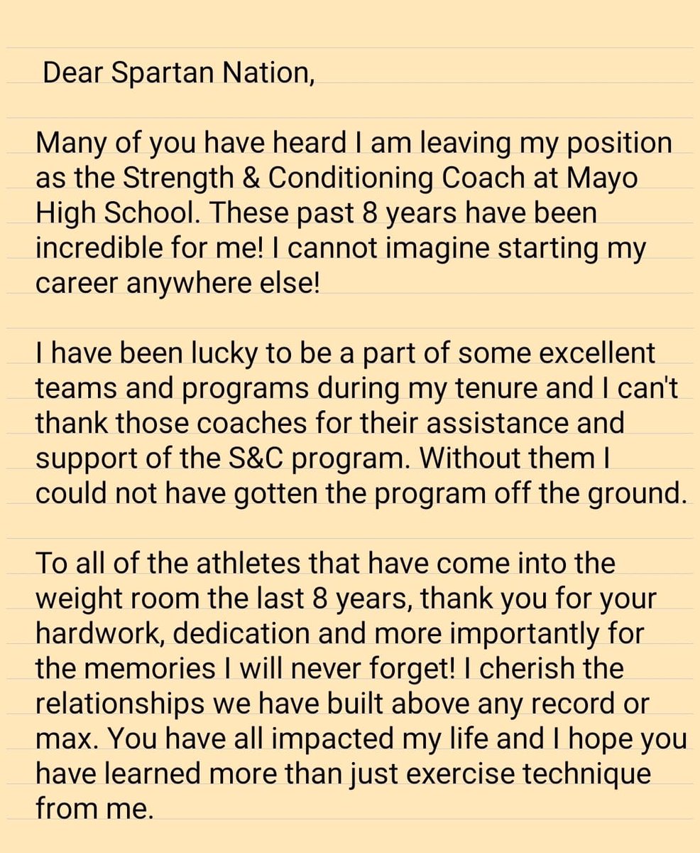 MayoSpartansPwr's tweet photo. A few words for all of my Spartans out there! I have loved being your Coach and I will miss you all! My last day as the Strength and Conditioning Coach at Mayo HS is tomorrow, December 14th. Love you all! #WAM #TheAgoge https://t.co/aka4tsfoP1