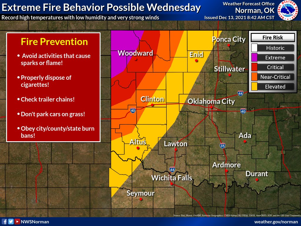 Very strong to potentially damaging winds may develop on Wednesday, especially across parts of western and northern Oklahoma. The wind will combine with record high temperatures and low humidity to produce critical to extreme fire weather conditions.  #okwx