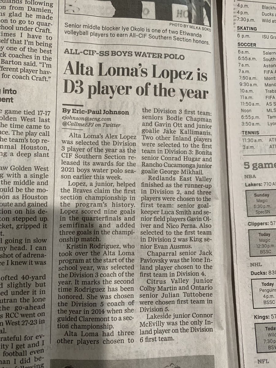 Yep, I still get the paper! And I STILL love reading about Alta Loma High School’s achievements. Congrats to Alex Lopez, Division III player of the year! Also, first teamers, Bodie Chapman, Gavin Ott, and Jake Kallimanis. Thanks for repping AL so well!