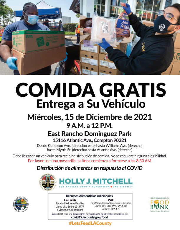 lacountyparks's tweet photo. Acompáñenos este miércoles, 15 de Diciembre para una distribución de comida gratuita desde la comodidad de su carro en el parque East Rancho Dominguez Park de 9:00AM a 12:00PM – No se requiere elegibilidad #LetsFeedLACounty https://t.co/zIgpiMFxro