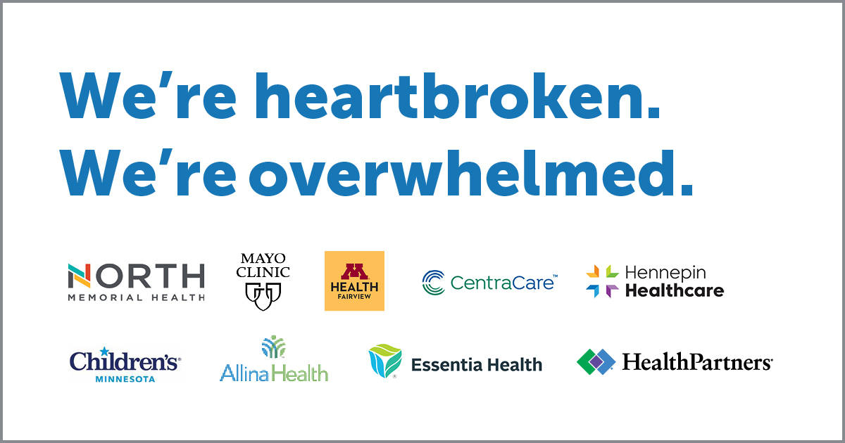 AllinaHealth's tweet image. Almost 2 years into the #COVID19Pandemic, MN health care is in one of the most difficult positions it has been since the first case was reported. We are coming together to ask everyone to step up and do their part to stop the continued spread of #COVID19: bit.ly/3ykan7u.