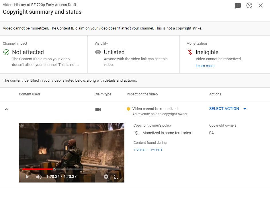 Nick930Gaming's tweet photo. -Sigh- ... nevermind the fact that it's only 1 minute out of 4.5 hours, and that I provided direct commentary on the clip in question thereby making it transformative... 

@Battlefield @EA_DICE 

Any chance you can help me out here? https://t.co/Y1zYu9spxv
