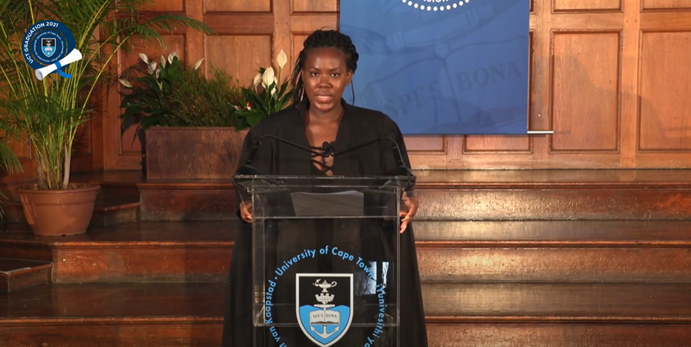 UCT_news's tweet photo. #UCTGrad2021 The University Statement of Dedication is now being read by a UCT student Ms Lindiwe Secha. https://t.co/34QorJ40fV