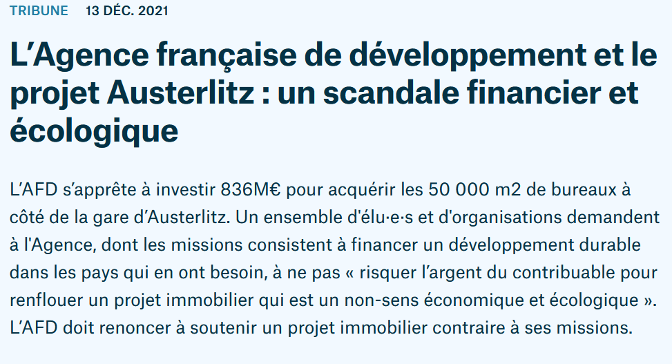 LaRueEstANous75's tweet photo. 🔴En tant que membre de @coll_austerlitz, nous appelons l'@AFD_France à renoncer à un projet immobilier dépassé, contraire à ses missions de service public 
⛔️gaspillage des deniers publics 
⛔️non-sens écologique
Notre lettre dans @Mediapart : https://t.co/6xKl5oKUjK https://t.co/raoP3Wu2dn