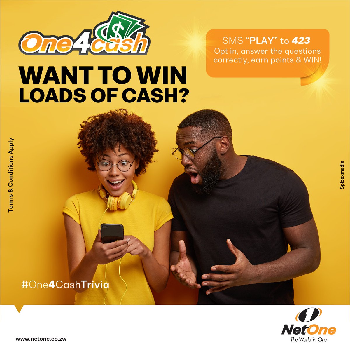 NetOneCellular's tweet photo. Earn points & Win loads of cash with #One4Cash. To opt in, SMS "PLAY" to 423. The more points you earn, the greater the chances of winning
#NetOneAt25 #NetOneSilverJubilee #netone25thanniversary https://t.co/MRakCUKEiQ