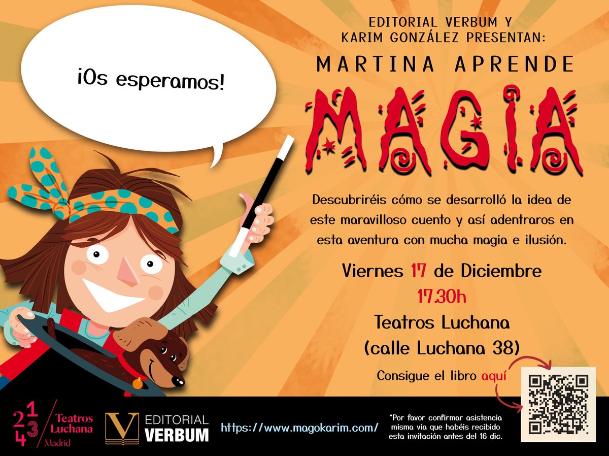 Este viernes a las 17:30 presentacion de mi libro #martinaprendemagia en <a href="/TeatrosLuchana/">Teatros Luchana</a> editado por <a href="/EditorialVerbum/">@EditorialVerbum</a> 
Ilusión y ganas infinitas
