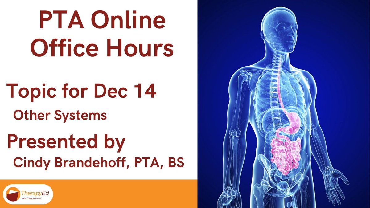 TherapyEd's tweet photo. Join us tomorrow, Dec 14, for our free Online Office Hours. TherapyEd Instructor Cindy Brandehoff, PTA, BS, will present on Other Systems for the Licensure Exam and then be available to answer your questions. https://t.co/yLuI8UkO4l #NPTE https://t.co/UBrjUDQzlb