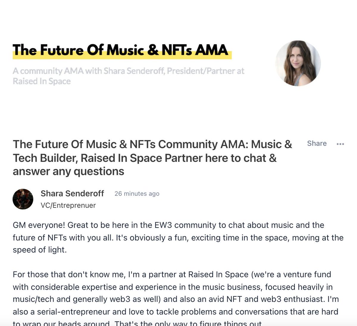 everythingweb3's tweet image. gm 👋
We're live with our community AMA on the future of music & NFTs with @SharaSenderoff
Join us in the community, where Shara will be answering questions throughout the day!
everythingweb3.com/c/nft/music-nf…