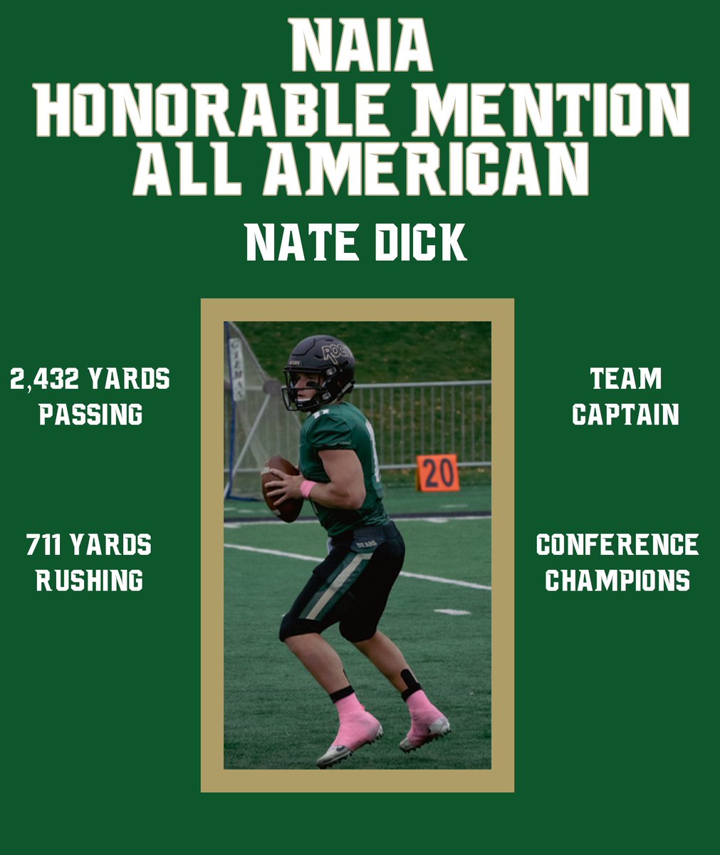Congrats to  Nate Dick on being named All American for the NAIA! Nate had 2,432 yards in the air and 711 on the ground. Nate was also a team captain on the Frontier Conference Championship Team!