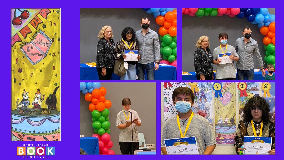 🎉Congratulations to the McAllen Public Library's South Texas Book Festival contests winners Jaida Ruiz and John Kidd!   Jaida secured first place in the Bookmark Contest!  John secured third place in the Flash Fiction Writing Contest! They received their awards on Saturday🎉