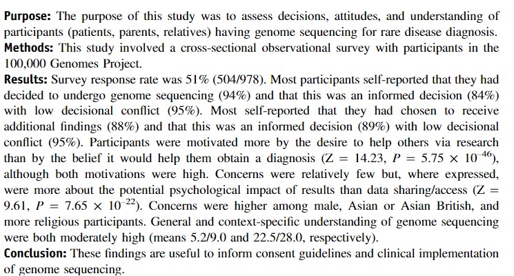 CelineLewis23's tweet image. Pleased to announce our new paper reporting decision-making, attitudes and understanding of RD participants in the #genomes100k. Notably, participants were more motivated by the desire to help others than a belief it would help them obtain a diagnosis. 
tinyurl.com/2p9bst26