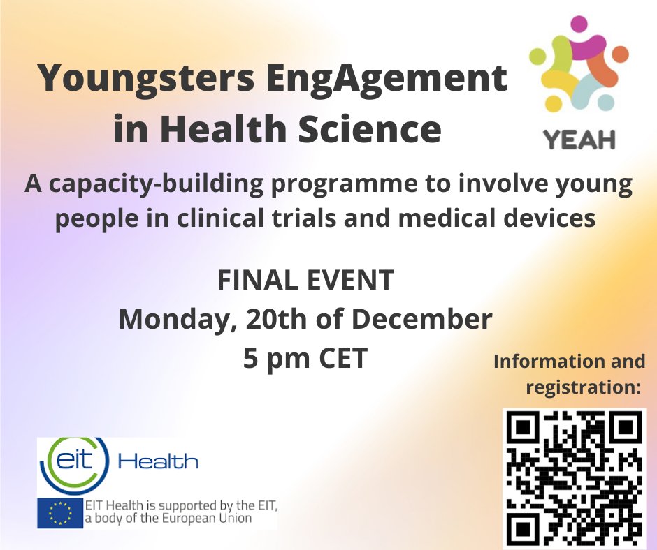 Final event of the YEAH project based on the creation of a capacity-building programme to involve young people in health sciences.
#PatientsIncluded #Research #Paediatrics
Registration and information: kidsbarcelona.org/en/noticia/yea…