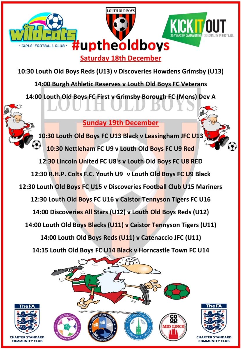 Louth_FC's tweet photo. This weekend's Fixtures
⚽️⚽️⚽️
#uptheoldboys #CommunityClub #louth #grassroots #LOBFamily #kickitout #lobgirls #lobladies #wereallgrassroots #lobseniors
🌲🌲🌲🌲🎅🤶🧑🎄
🔴⚫🔴⚫🔴⚫🔴⚫🔴⚫ https://t.co/fpuQNkpqMJ