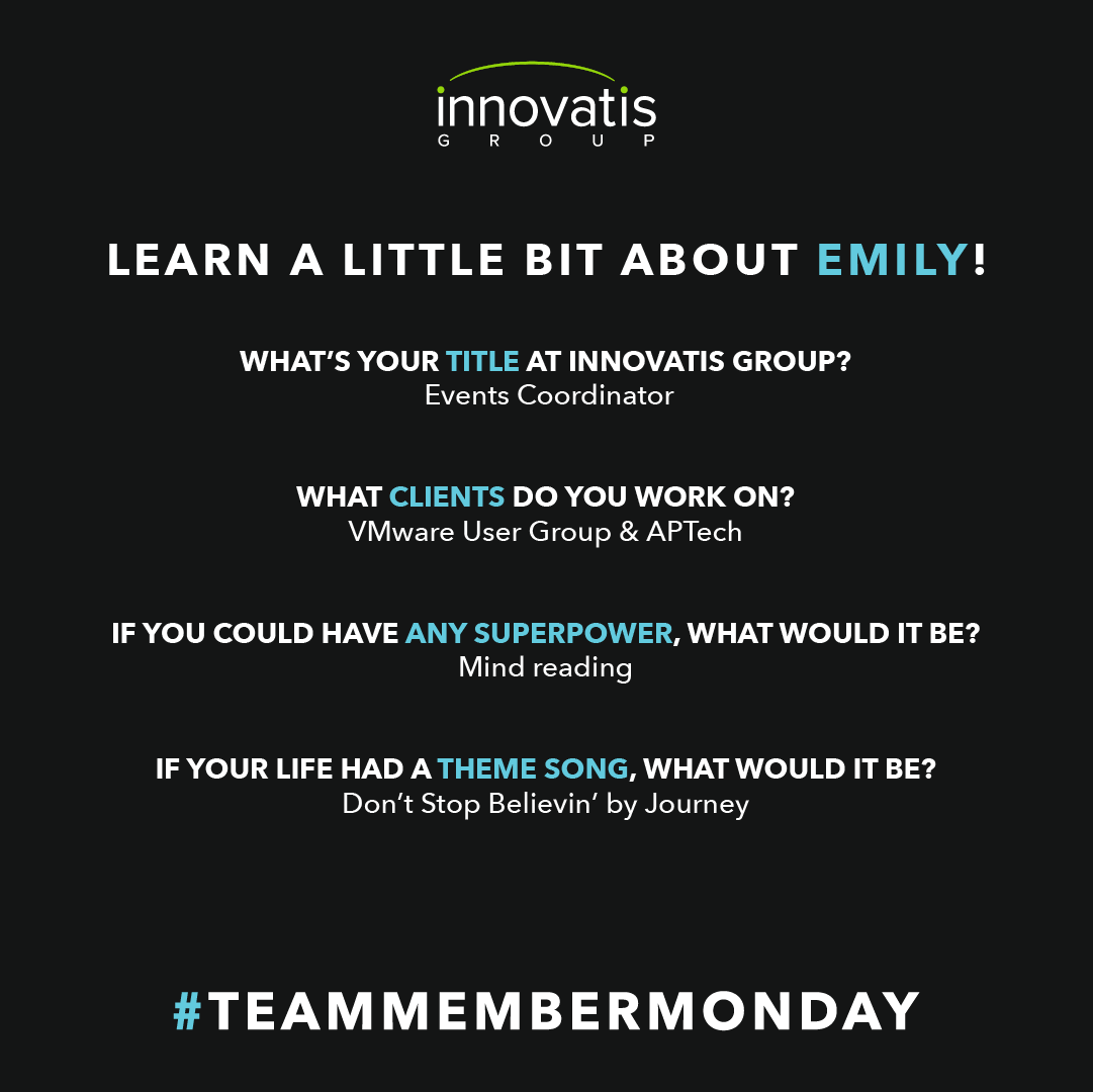 innovatisgroup's tweet photo. Don't Stop, the #TeamMemberMonday's! Next up in this series is our Emily Kilcline, event extraordinaire! Swipe to learn a little more about a small town girl living in an EVENT'S world! 🌎 https://t.co/HDa4iKI9oP