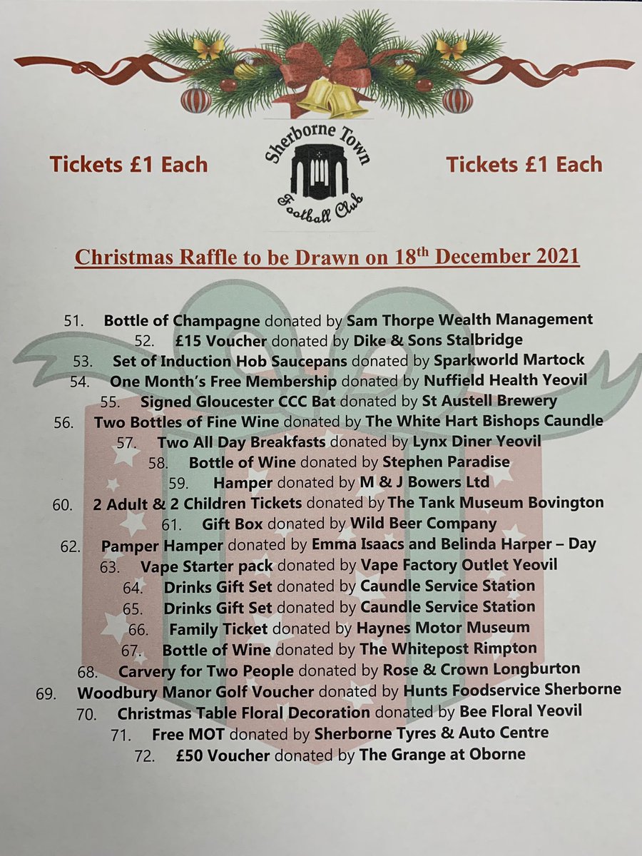 Sherborne Town FC (@sherbornetownfc) on Twitter photo This Saturday after our home clash with <a href="/CheddarFC1892/">Cheddar FC</a> it will be our Christmas Raffle. Tickets are still on sale and will be until full time on Saturday. DM for more info #Zebras #Christmas #Raffle @TSWesternLeague <a href="/tswlfans/">Toolstation Western League Fans๐บ๐ฆ</a> <a href="/swsportsnews/">South West Sports News</a> <a href="/Abbey_104/">Abbey104</a> <a href="/sherbornetimes/">Sherborne Times</a> <a href="/DorsetCFA/">Dorset County Football Association</a> This Saturday after our home clash with <a href="/CheddarFC1892/">Cheddar FC</a> it will be our Christmas Raffle. Tickets are still on sale and will be until full time on Saturday. DM for more info #Zebras #Christmas #Raffle @TSWesternLeague <a href="/tswlfans/">Toolstation Western League Fans๐บ๐ฆ</a> <a href="/swsportsnews/">South West Sports News</a> <a href="/Abbey_104/">Abbey104</a> <a href="/sherbornetimes/">Sherborne Times</a> <a href="/DorsetCFA/">Dorset County Football Association</a>