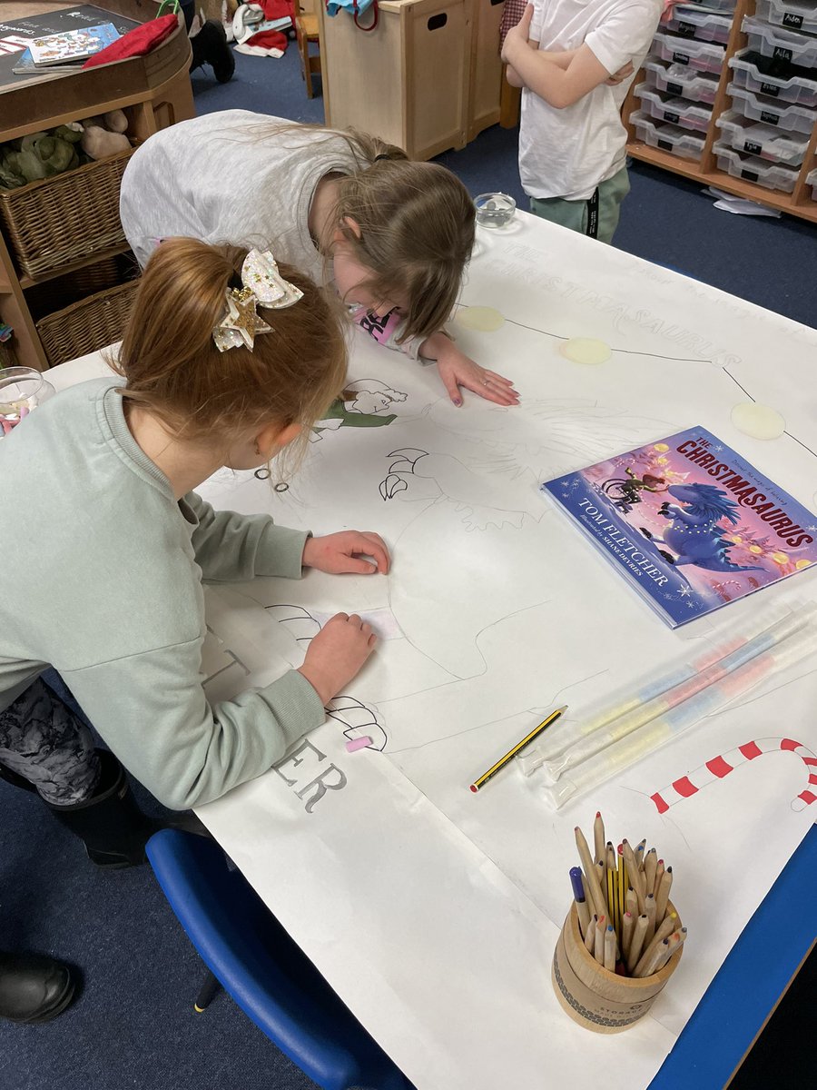 RPSMrsFallens's tweet photo. Taking care to colour our Christmas story book picture for our window. We have used chalk to create shadow and blended colours. Check back later for the finished picture #christmasstories #art #creativity #remarkableriverside #riversidereads https://t.co/rMYkn3KTJL