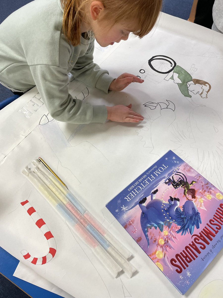 RPSMrsFallens's tweet photo. Taking care to colour our Christmas story book picture for our window. We have used chalk to create shadow and blended colours. Check back later for the finished picture #christmasstories #art #creativity #remarkableriverside #riversidereads https://t.co/rMYkn3KTJL