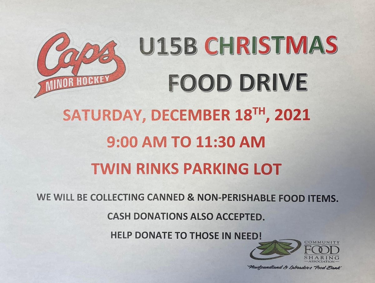 As Christmas approaches, we are helping people in your community who otherwise might go hungry. However we need your help to accomplish this. Your support is key in making this a successful food drive.
Your donation will have an impact! <a href="/SJMHA/">St. John's Caps</a> <a href="/SJSeniorCaps/">St. John's RoofTech Sr. Caps</a> @SJCapsU15A2021