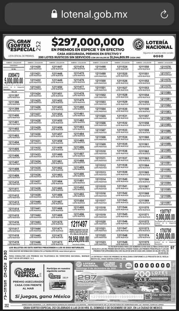 Este es el listado de la Lotería del día 5 de Dic. Si observan los números del 1211397 al 1211597 encontrarán que en forma consecutiva todos salieron premiados.  Son los terrenos rústicos y residencias que rifó el gobierno, otro fraude descarado de <a href="/lopezobrador_/">Andrés Manuel</a> y su 4Tranza.👇🏻