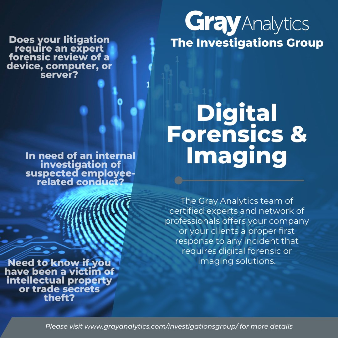 Gray_Analytics's tweet photo. The Gray Analytics team of certified experts and network of professionals offers your company or your clients a proper first response to any incident that requires digital forensic or imaging solutions.
#GrayAnalytics #digitalforensics #imagingsolutions https://t.co/QZtjxSy5y9
