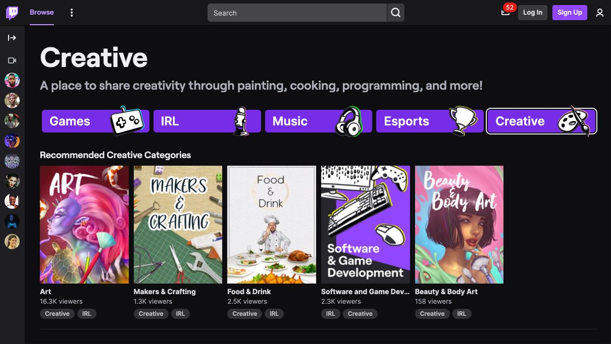 📢 Hey Creative folks – The moment you’ve all been waiting for is finally here… the Creative directory is now live!
It features creators in Art, Beauty &amp; Body Art, Food &amp; Drink, Makers &amp; Crafting, and Software &amp; Game Development.
 
Check it out today! 🎨 twitch.tv/directory/crea…